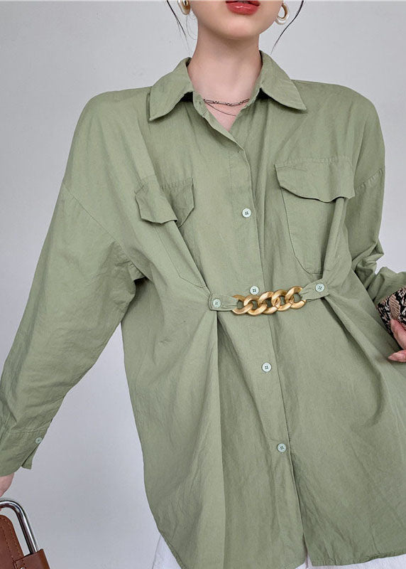 Art Army Green Wrinkled Patchwork Cotton Shirt Tops Spring