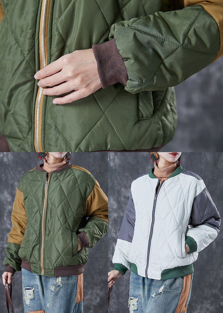 Art Army Green Zip Up Patchwork Fine Cotton Filled Parkas Winter