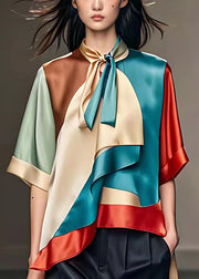 Art Asymmetrical Scarf Collar Patchwork Silk Shirt Half Sleeve