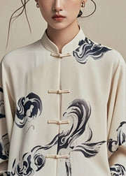 Art Beige Button Print Cotton Shirt Fall