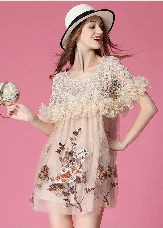 Art Beige Embroideried Ruffled Patchwork Organza Mini Dresses Short Sleeve