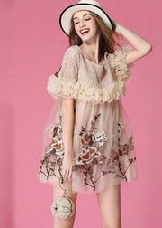 Art Beige Embroideried Ruffled Patchwork Organza Mini Dresses Short Sleeve