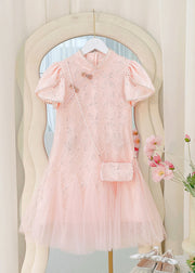 Art Beige Nail Bead Tulle Patchwork Kids Long Dress Short Sleeve