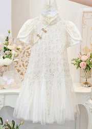 Art Beige Nail Bead Tulle Patchwork Kids Long Dress Short Sleeve