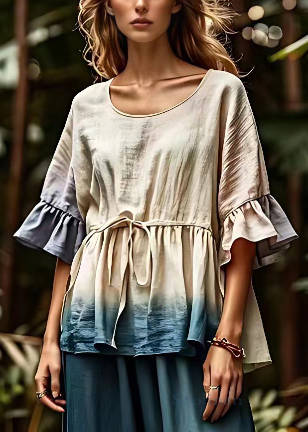 Art Beige O Neck Lace Up Cotton Blouse Half Sleeve