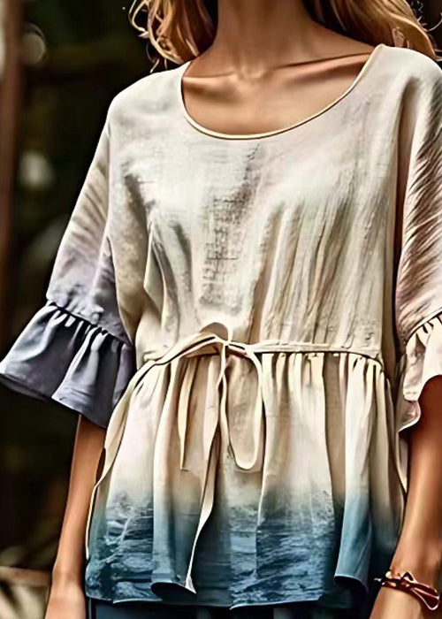 Art Beige O Neck Lace Up Cotton Blouse Half Sleeve