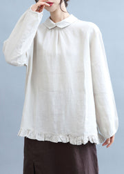 Art Beige Peter Pan Collar Ruffles Linen Shirt Top Fall