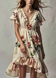 Art Beige Ruffled Print Cotton Dresses Short Sleeve