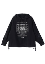 Art Black Alphabet Graphic Drawstring Side Open Hooded Sweatshirts Long Sleeve