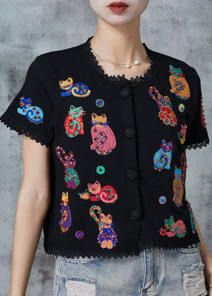 Art Black Animal Embroidered Knit Shirts Summer