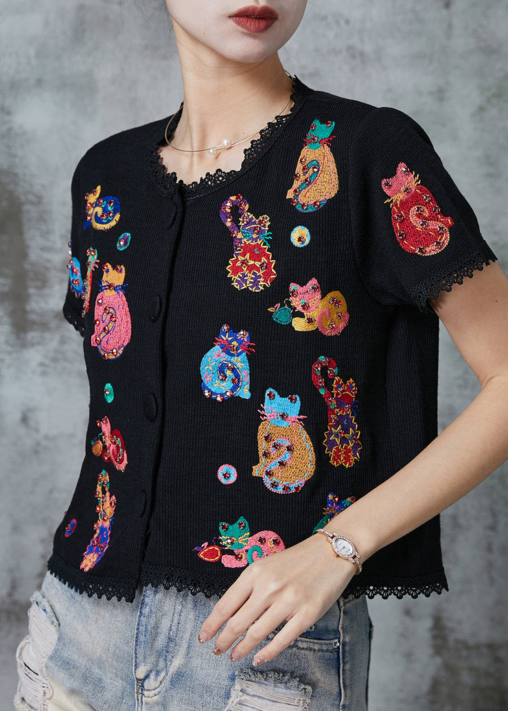 Art Black Animal Embroidered Knit Shirts Summer