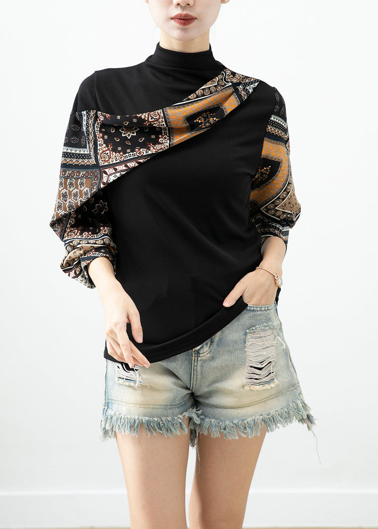 Art Black Asymmetrical Patchwork Print Cotton Blouses Batwing Sleeve