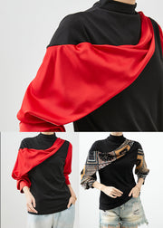 Art Black Asymmetrical Patchwork Print Cotton Blouses Batwing Sleeve