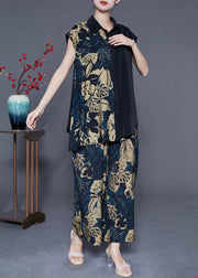 Art Black Asymmetrical Print Chiffon Two Pieces Set Summer