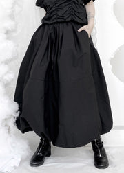 Art Black Elastic Waist Pockets Cotton Lantern Skirt Fall