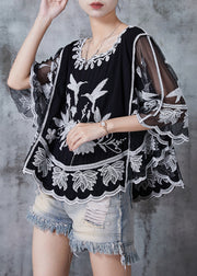 Art Black Embroidered Patchwork Cotton Shirts Batwing Sleeve