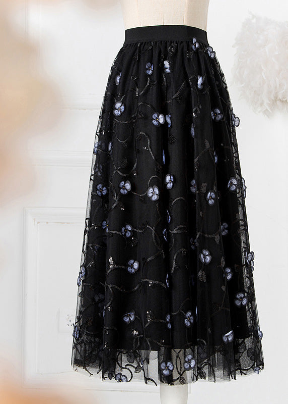 Art Black Embroideried Floral High Waist Tulle Pleated Skirts Spring