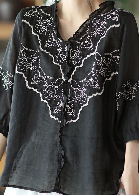 Art Black Embroideried Patchwork Linen Tops Summer