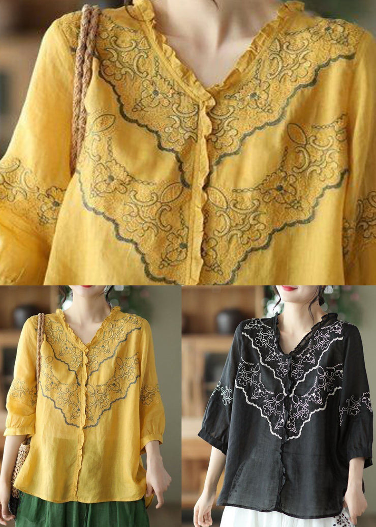 Art Black Embroideried Patchwork Linen Tops Summer