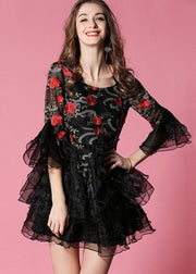 Art Black Embroideried Patchwork Organza Mini Dresses Flare Sleeve