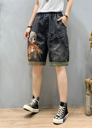 Art Black Grey Elastic Waist Cartoon Girl Denim Shorts Summer