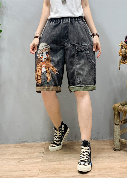 Art Black Grey Elastic Waist Cartoon Girl Denim Shorts Summer