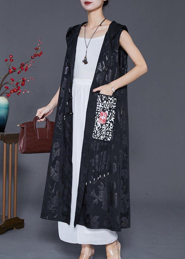 Art Black Hooded Embroideried Silk Long Vest Fall