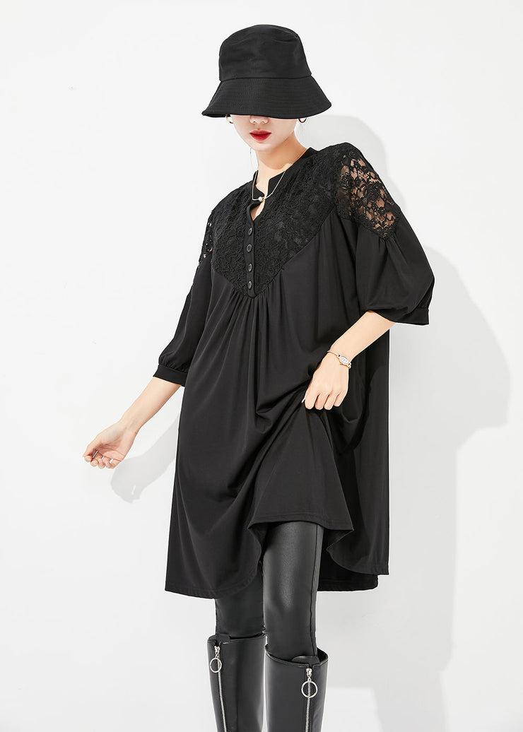 Art Black Lace Patchwork Hollow Out Wrinkled Cotton Dress Half Sleeve