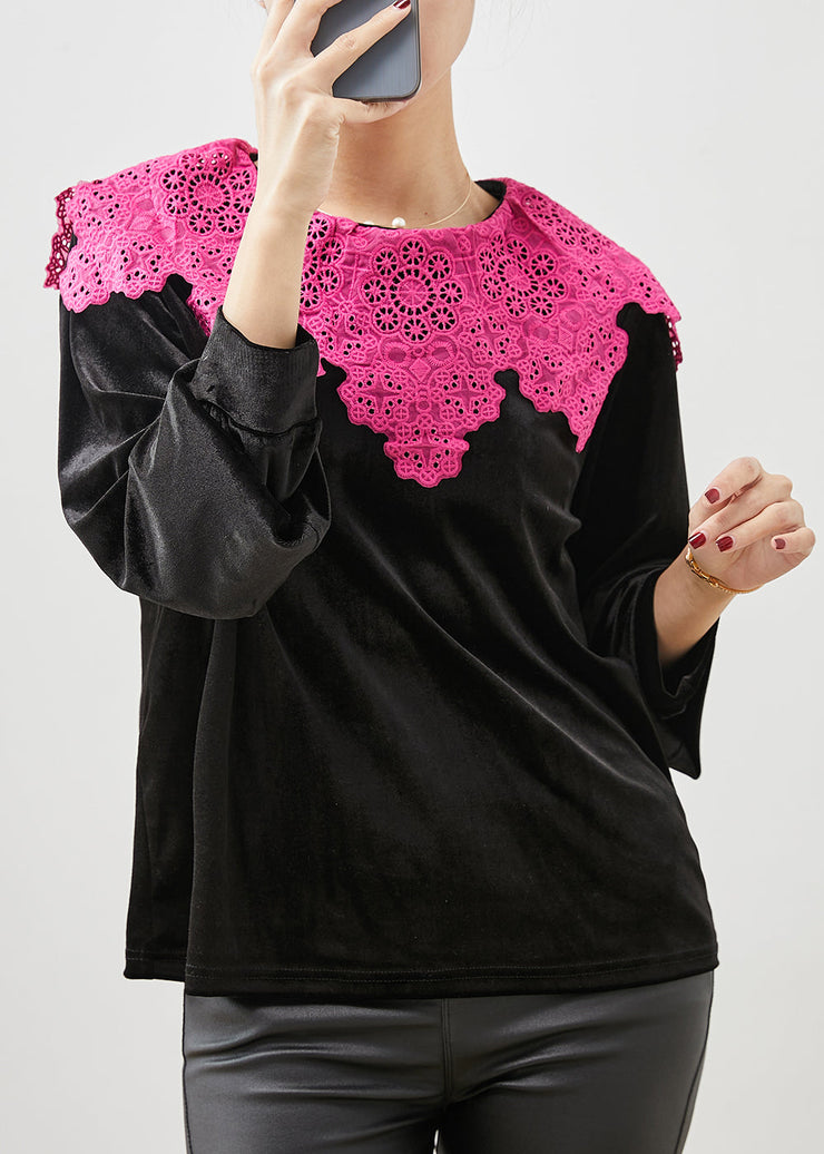 Art Black Lace Patchwork Silk Velour Blouse Tops Spring