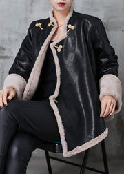 Art Black Mandarin Collar Warm Fleece Faux Suede Coats Spring