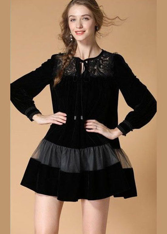 Art Black O Neck Embroideried Patchwork Velour Dresses Spring