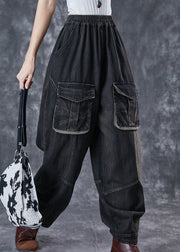 Art Black Oversized Patchwork Pockets Denim Pants Spring