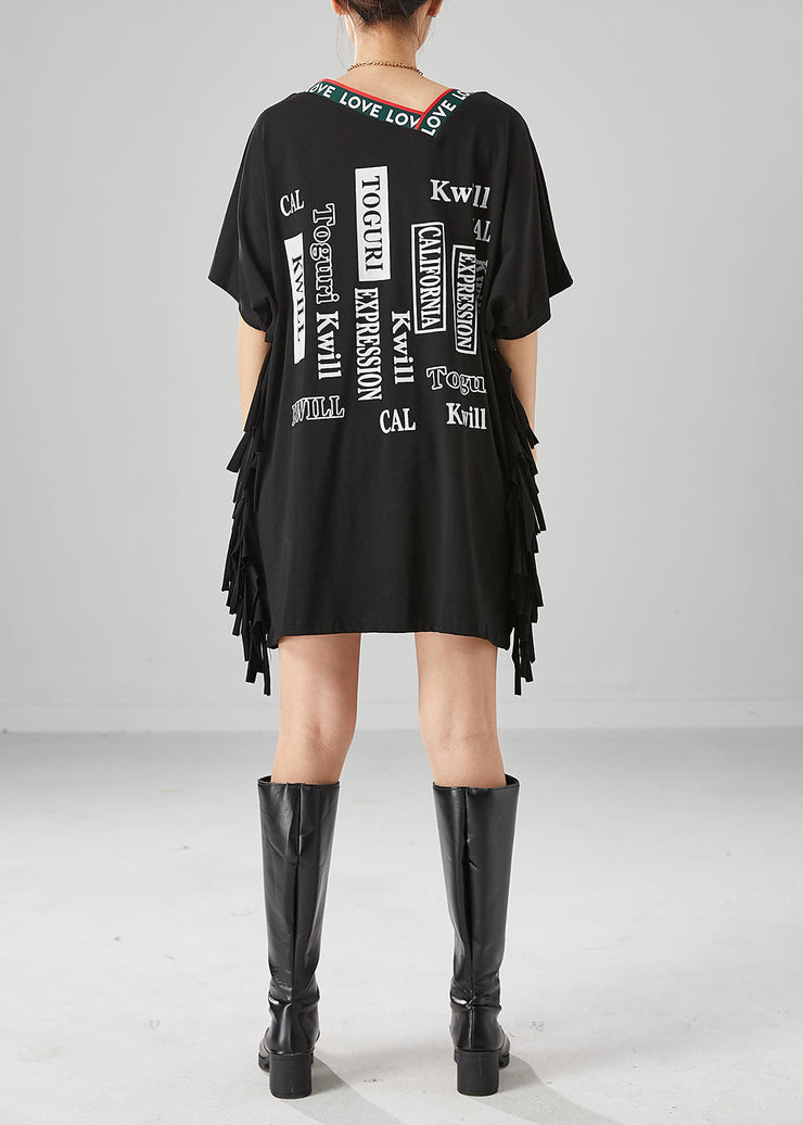 Art Black Oversized Print Tassel Cotton Tanks Batwing Sleeve