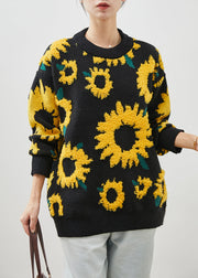 Art Black Oversized Sunflower Jacquard Knit Sweaters Winter