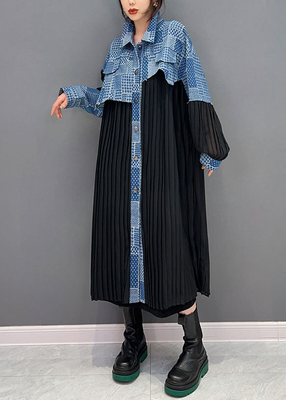 Art Black Peter Pan Collar Denim Fabric Patchwork Silk Dresses Spring