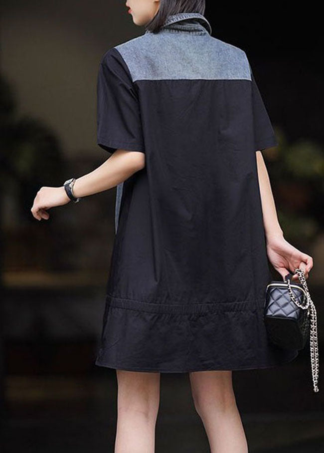 Art Black Peter Pan Collar Denim Patchwork Cotton Dresses Summer