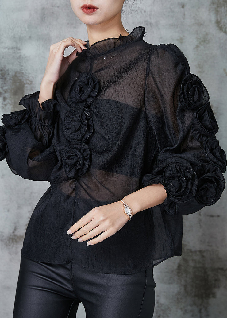 Art Black Ruffled Floral Chiffon Shirt Spring