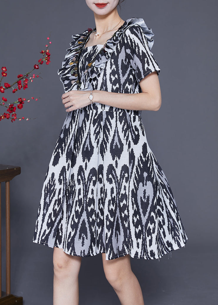 Art Black Ruffled Patchwork Print Linen Dress Summer