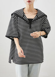 Art Black Sailor Collar Striped Cotton Top Half Sleeve