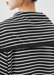 Art Black Sailor Collar Striped Cotton Top Half Sleeve