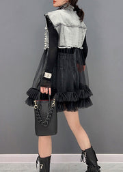 Art Black Stand Collar Tulle Patchwork Denim Mid Dress Long Sleeve