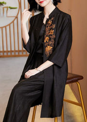 Art Black Stand CollarEmbroideried Silk Long Tops Bracelet Sleeve