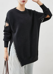 Art Black Tasseled Hollow Out Side Open Knit Top Winter