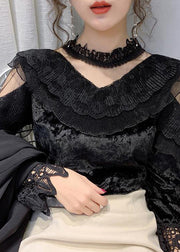 Art Black Turtleneck Velour Lace Patchwork Tulle Top Bottoming Shirt