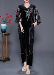 Art Black V Neck Patchwork Zircon Silk Velour Two Pieces Set Batwing Sleeve