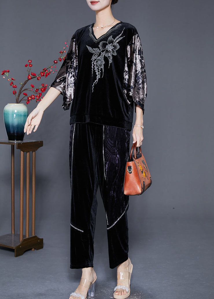 Art Black V Neck Patchwork Zircon Silk Velour Two Pieces Set Batwing Sleeve