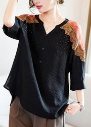 Art Black V Neck Zircon Lace Patchwork Cotton Blouses Half Sleeve