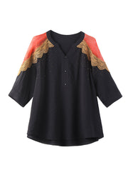 Art Black V Neck Zircon Lace Patchwork Cotton Blouses Half Sleeve