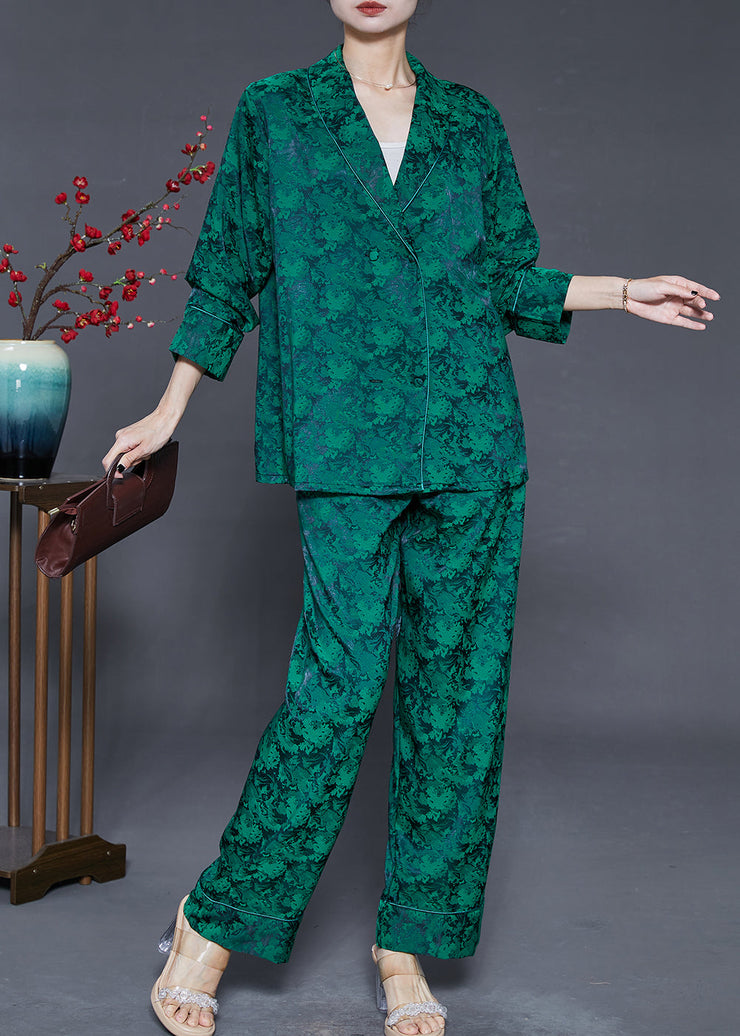 Art Blackish Green Oversized Print Silk Two Pieces Set Fall