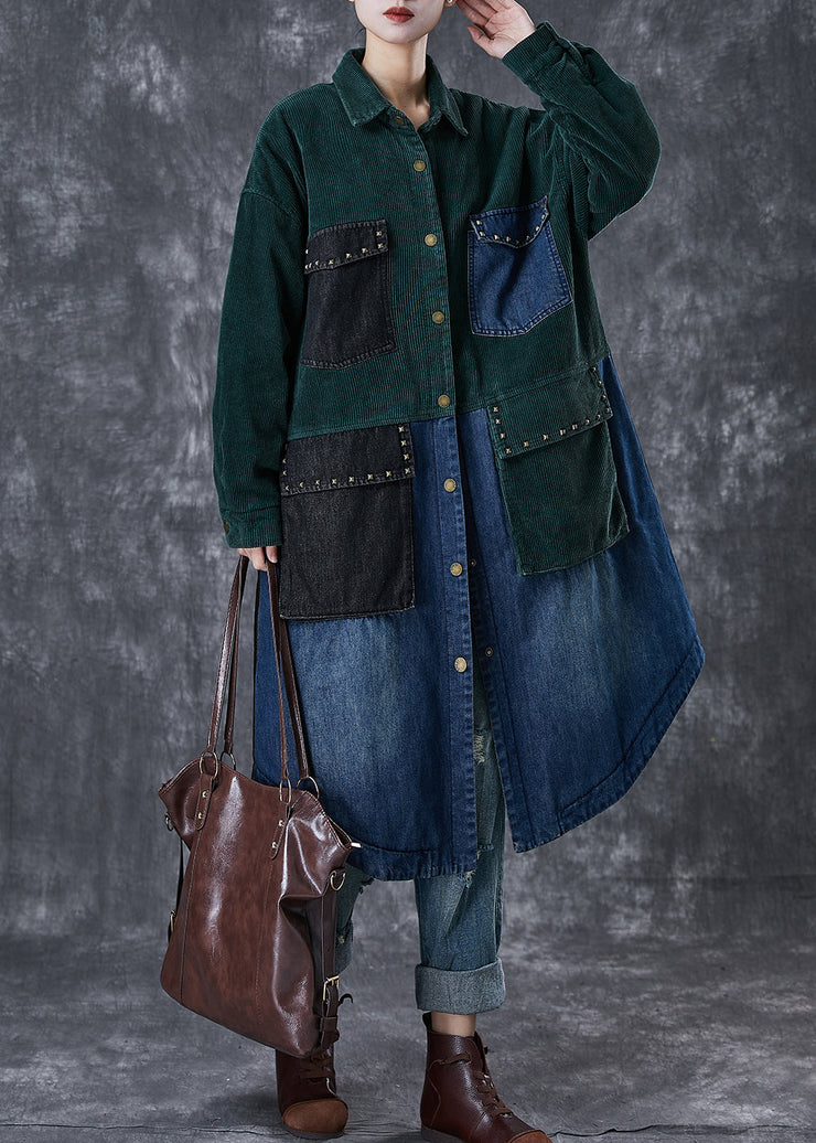 Art Blackish Green Rivet Patchwork Corduroy Fine Cotton Filled Coat Winter